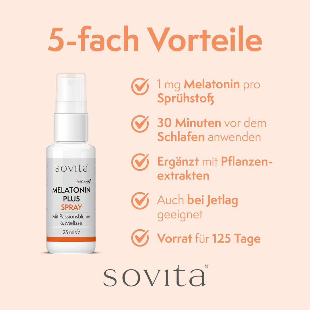 Infografik mit fünf Vorteilen des sovita Melatonin Plus Sprays inklusive Anwendung und Inhaltsstoffe