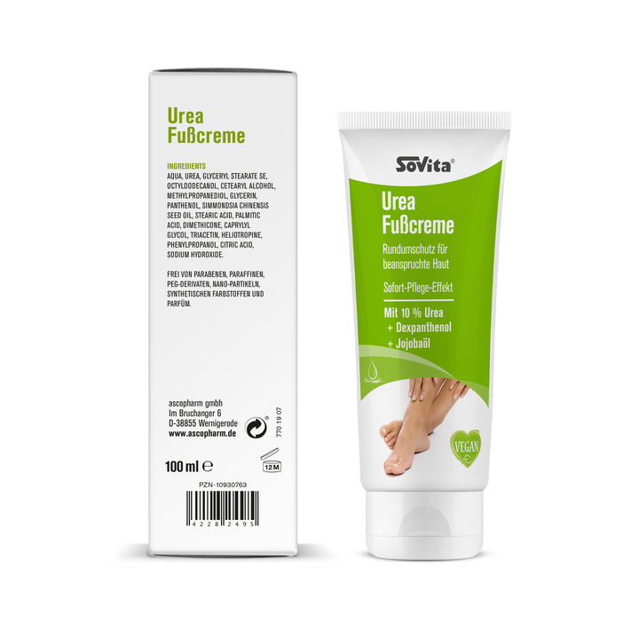 sovita Urea Fußcreme mit Zutatenliste auf der Faltschachtel, daneben die Vorderseite der Tube