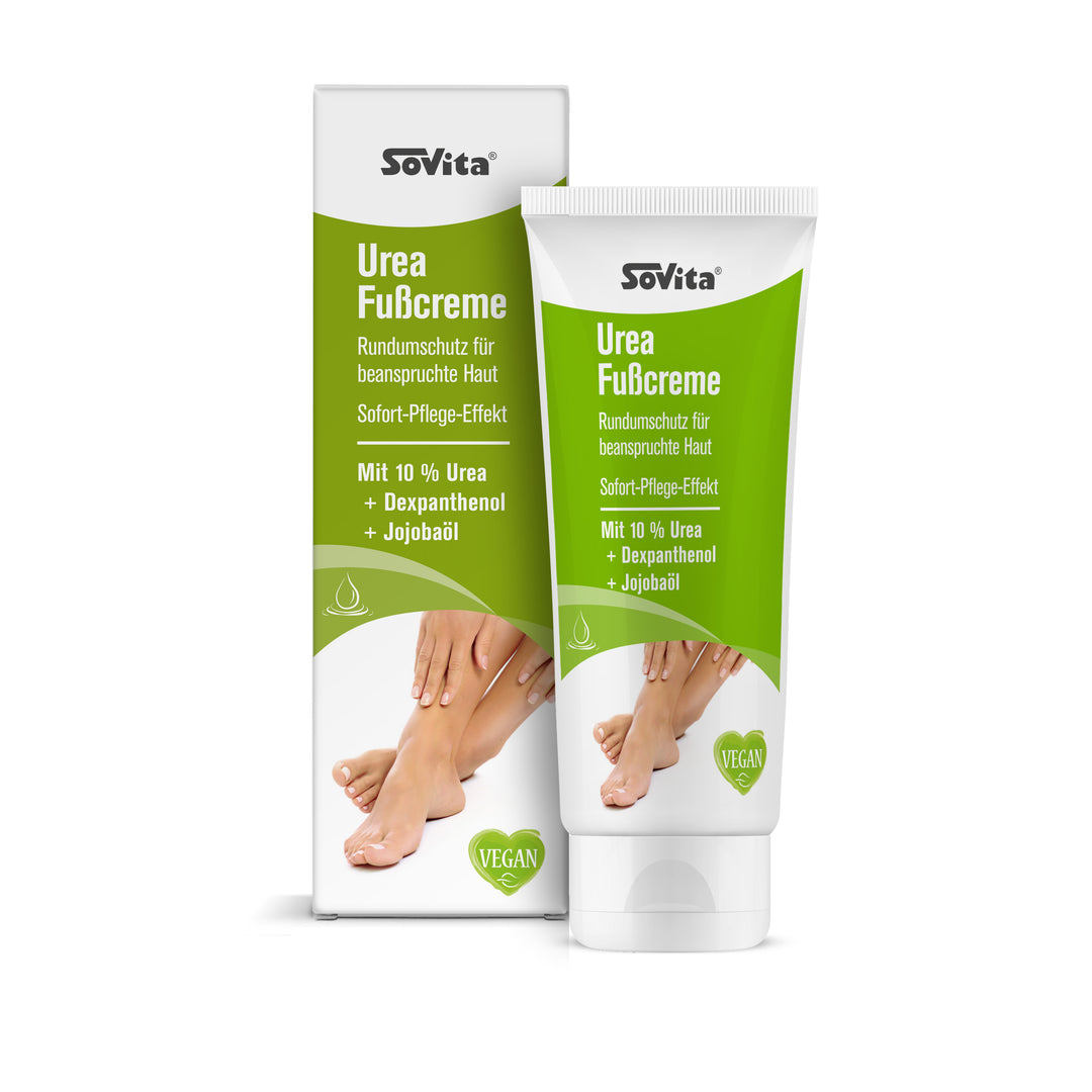 sovita Urea Fußcreme mit identisch gestaltetem Faltschachtel und Tube nebeneinander