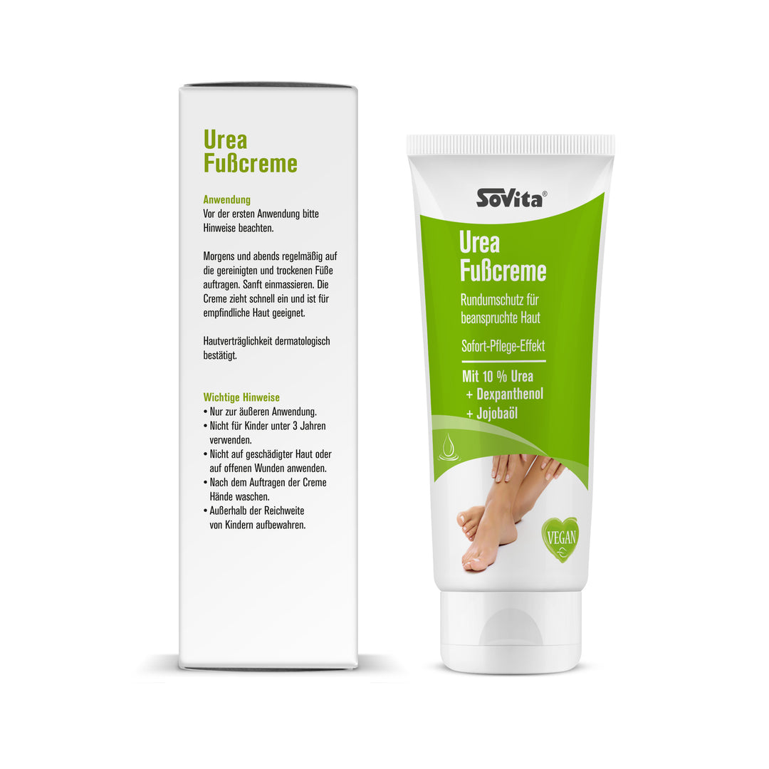 sovita Urea Fußcreme mit Faltschachtel inklusive Anwendungshinweisen, daneben die Tube