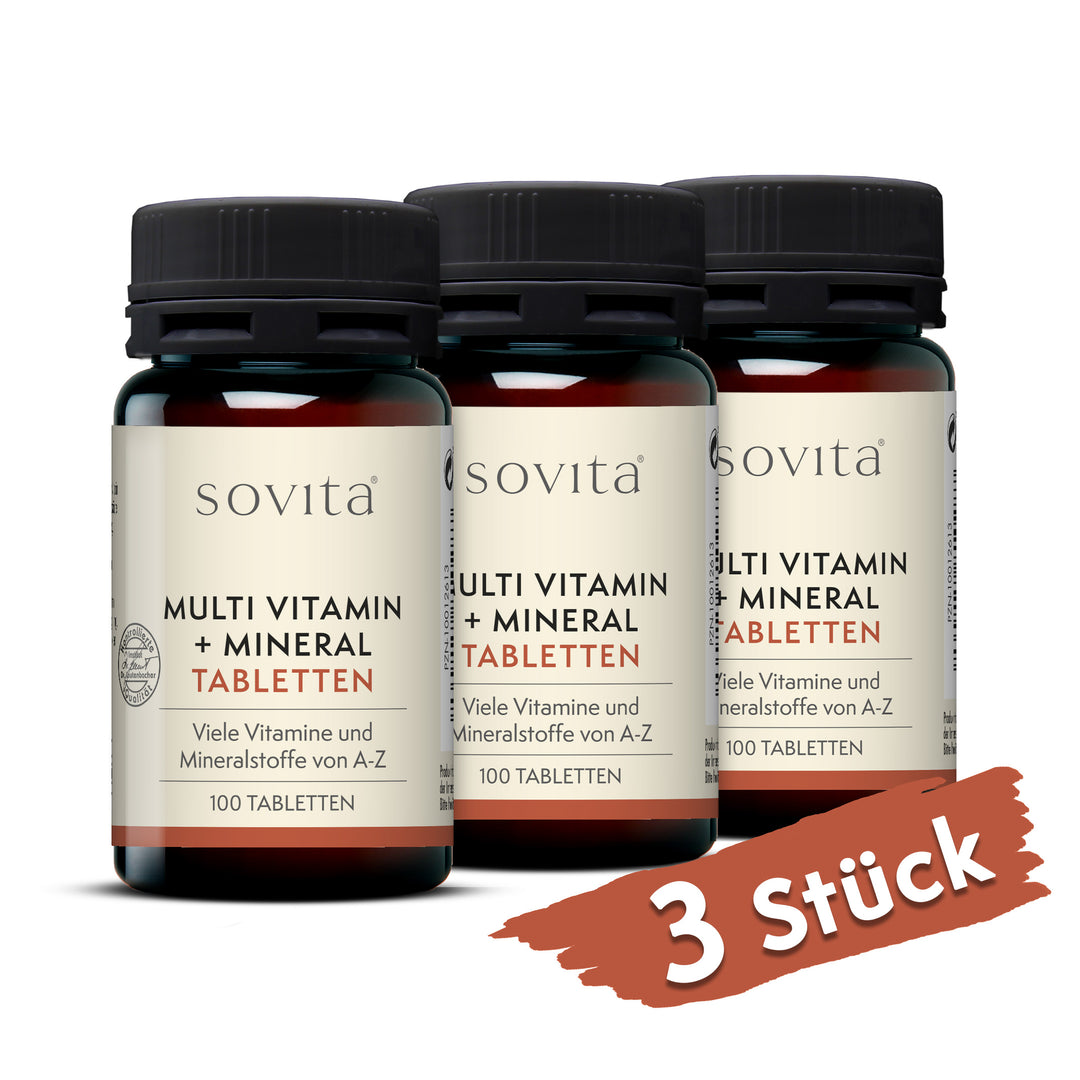 Drei Dosen sovita Multi Vitamin + Mineral Tabletten auf weißem Hintergrund mit rotem Hinweis „3 Stück“ unten rechts