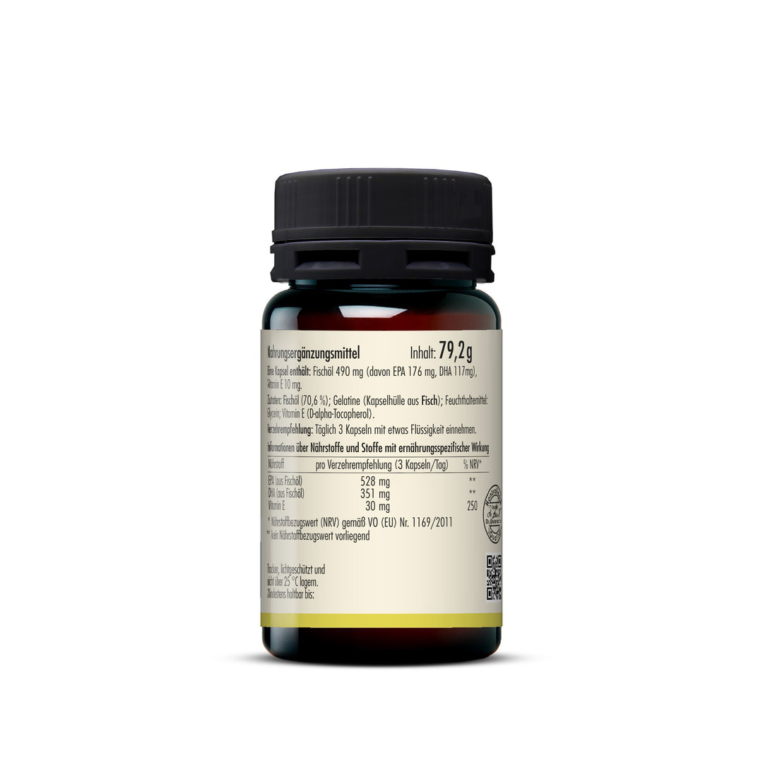 Seitenansicht der Dose sovita Omega-3 Fischöl Kapseln mit Angaben zu Inhalt, Zutaten und Verzehrempfehlung
