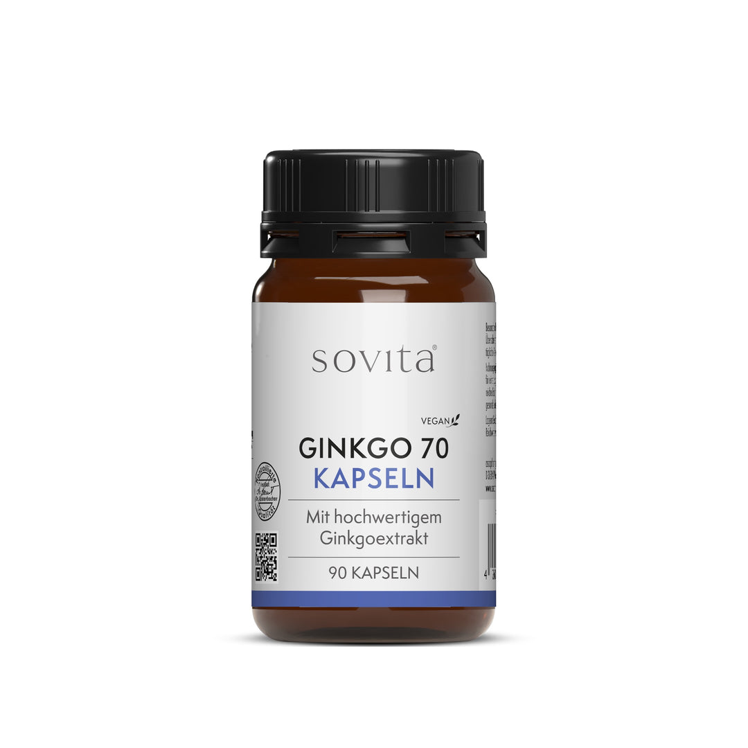 Freisteller der sovita Ginkgo 70 Kapseln ohne zusätzliche Elemente, mit klarer Sicht auf das Etikett und neutralem Hintergrund