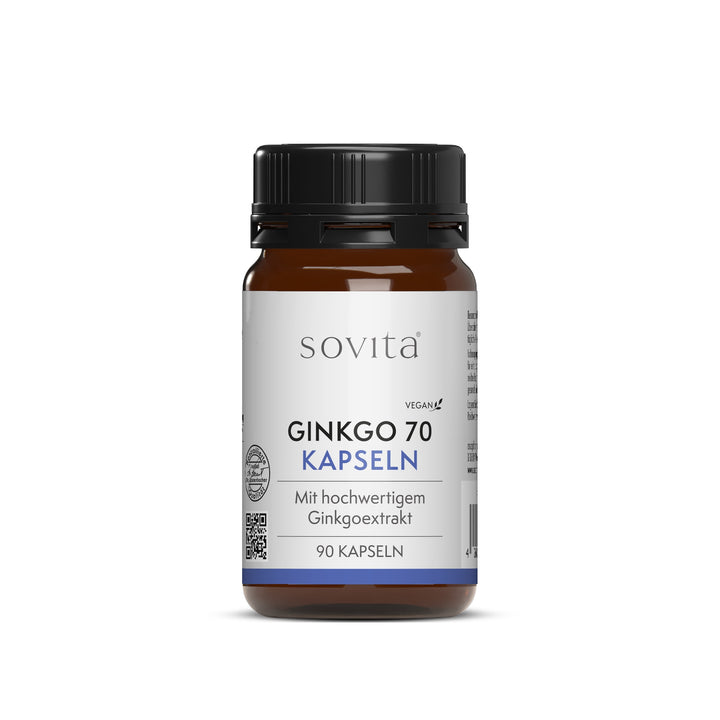 Freisteller der sovita Ginkgo 70 Kapseln ohne zusätzliche Elemente, mit klarer Sicht auf das Etikett und neutralem Hintergrund