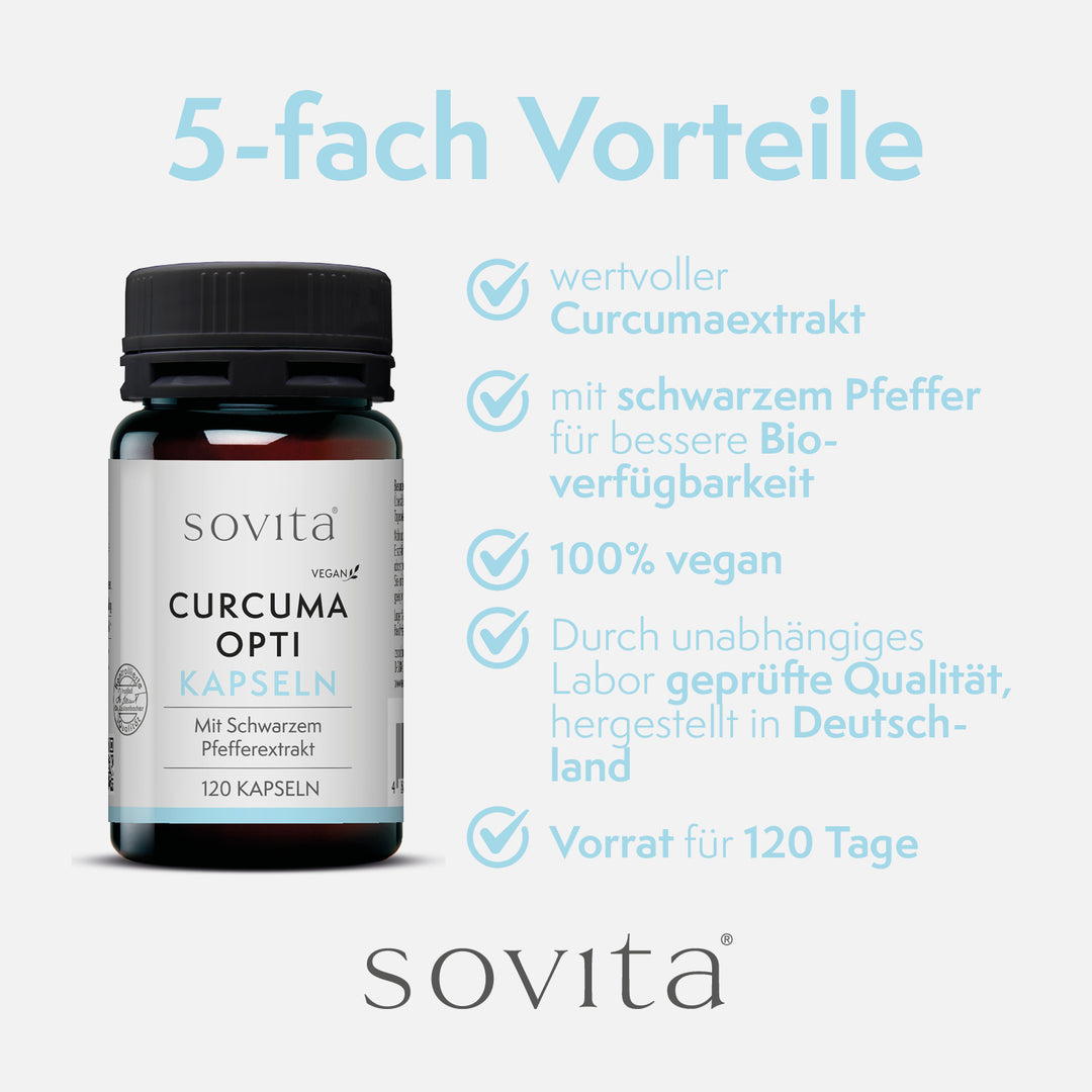 Vorteile der sovita Curcuma Opti Kapseln wie Bioverfügbarkeit durch schwarzen Pfeffer, vegan, geprüfte Qualität