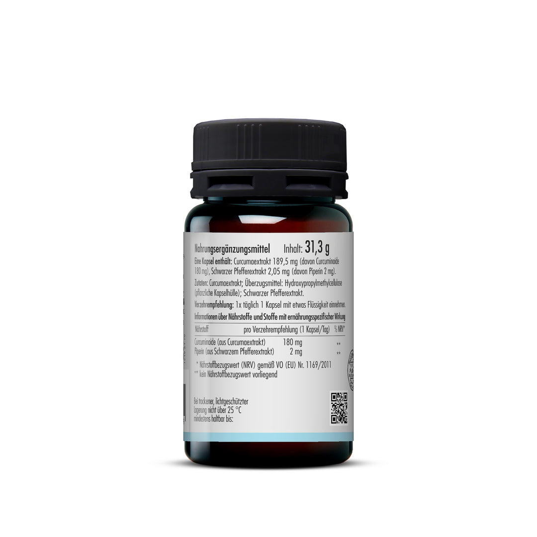 Rückseite der Curcuma Opti Kapseln mit Angabe zu Curcuminoiden, Piperin und täglicher Verzehrempfehlung