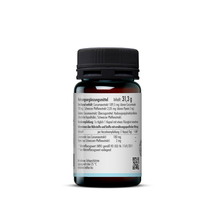 Rückseite der Curcuma Opti Kapseln mit Angabe zu Curcuminoiden, Piperin und täglicher Verzehrempfehlung