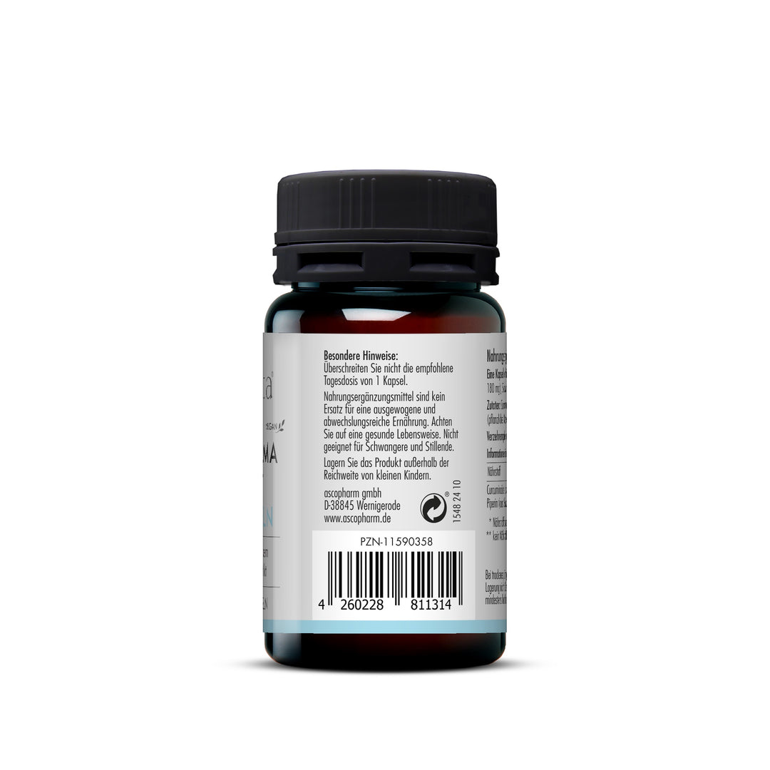 Rückseite der Produktverpackung mit Barcode, PZN und Warnhinweisen zur Anwendung der Curcuma Opti Kapseln