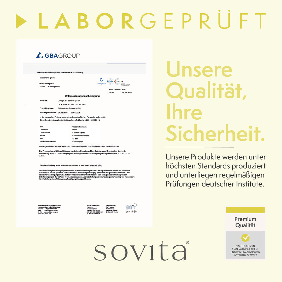 Laborbericht der GBA Group zu sovita Omega-3 Fischöl Kapseln mit Hinweis auf mikrobiologische Sicherheit und Begleittext „Unsere Qualität, Ihre Sicherheit“