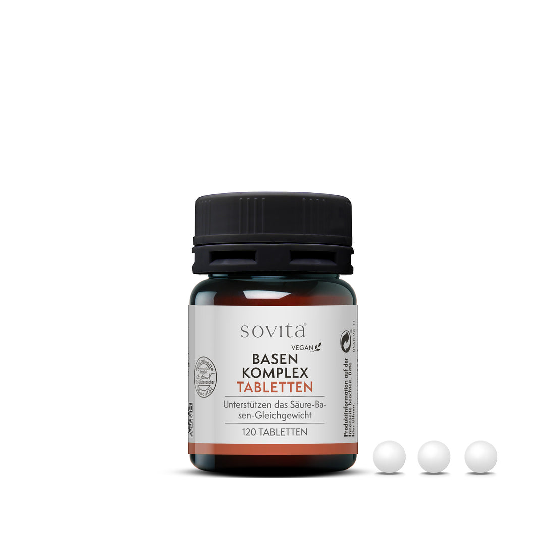 Sovita Basen Komplex Tabletten – Kunststoffdose mit drei weißen Tabletten im Vordergrund, 120 Tabletten pro Dose.